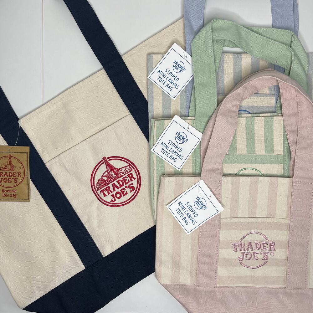Set of 3 Trader Joe’s Canvas Tote Bag Large Size NAVY BLUE + Mini PASTEL STRIPES